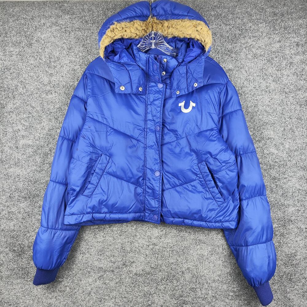 True Religion Jacket Womens Large Blue Hooded Puffer Faux Fur Trim Logo Quilted